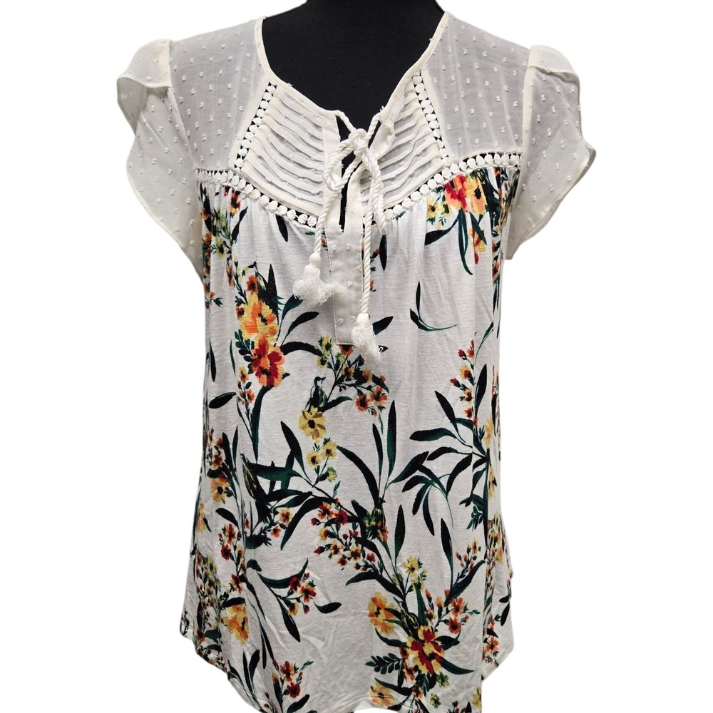 Daniel Rainn Floral Swiss Dot Tie Front Tassel Top White Small D19425KNS